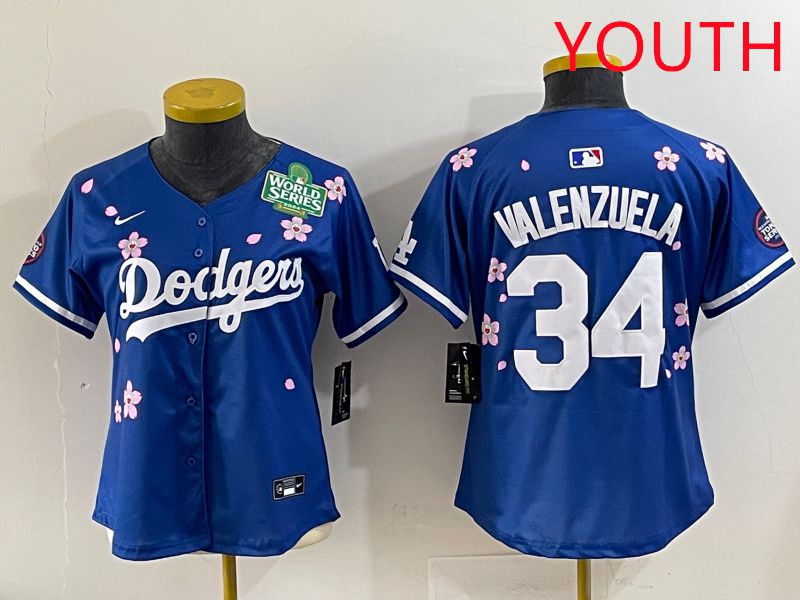 Youth Los Angeles Dodgers #34 Valenzuela Blue Sakura Edition 2025 Nike MLB Jersey style 37->youth mlb jersey->Youth Jersey